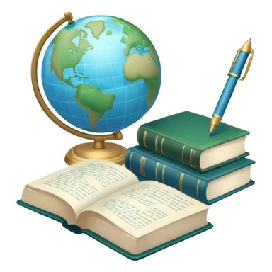 Create an emoji representing language translation. The design should feature just one globe in the background, symbolizing international communication. In front of the globe, place two books with texts on them and a pen nearby to indicate the act of writing. Use a clean and professional color palette with blues, greens, and neutral tones. Make the background transparent. sticker