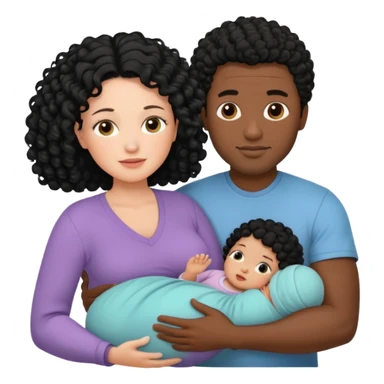 family: white woman curly black hair, black man with short black frizz hair, one 2 y o daughter , and a newborn in the and of the mother sticker