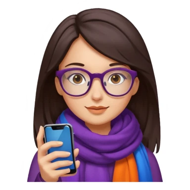 Fille châtain foncé avec lunettes. Elle porte une grosse écharpe violette, bleu et orange. Elle est dans une cuvette de toilette. Téléphone en main. Realiste sticker