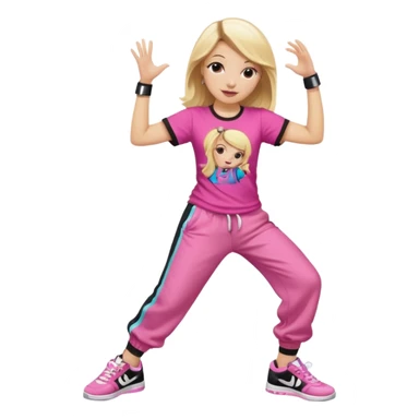 Hiphop dancer, with cute big pants, sneakers, and t-shirt. White girl blond. Coloufull shirt. No pocket pants. Dancing. No orange. Pink and black. No sweatband on the wrist, music box behind her sticker