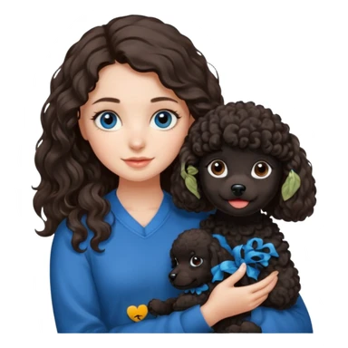 Brunette girl with long wavy hair and blue eyes holding black puppy poodle with brown eyes sticker