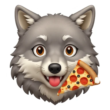 a surprised grey wolf eating a piece of pizza emoji sticker