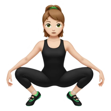 Beautiful woman with light brown shoulder length hair popping a squat without any weights. Make her with a little lighter, brown hair and green eyes. Make her fair skinned and wearing a black workout suit. make her wearing black ballet flats. sticker