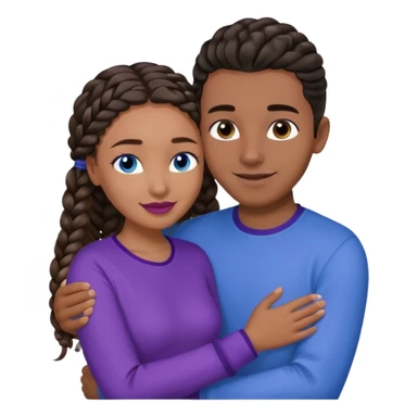 Boyfriend who is very tan olive skinned with blue eyes and wavy straight brown hair in a blue shirt and his girlfriend who is very dark skinned, juicy lipped with black braided hair and the two are hugging and smiling hugely she’s wearing purple and she has black eyes sticker
