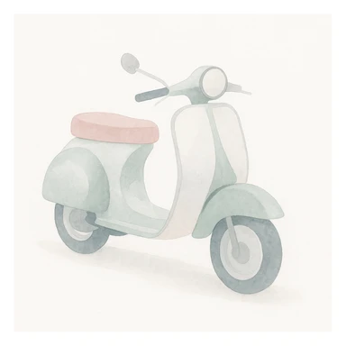 Vespa scooter in watercolor style with white, green, and pink pastel tones sticker