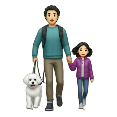 a 32-year-old man with pale skin and black hair going for a walk with a female 9-year-old Bichón Frisé dog. sticker