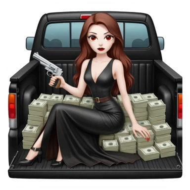 Lilith symbol red eye seductress evil long brown haired sexy succubus woman with leather long dress with slit on, sitting in Big Large F350 pickup truck. Back seat full of stacks of cash, she is  Holding a human skull of her enemies and a gun in other hand sticker