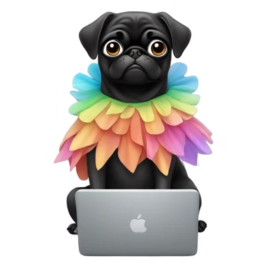 Black pug using a laptop while wearing a tutu sticker