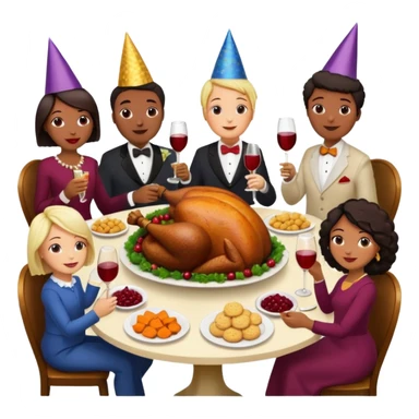 Thanksgiving Dinner with 6 friends of all different races around the table; have the food be a cooked turkey, mashed potatoes, corn, a basket of biscuits, a small bowl of cranberry sauce, baked yams, steamed vegetables, and a bottle of wine. sticker