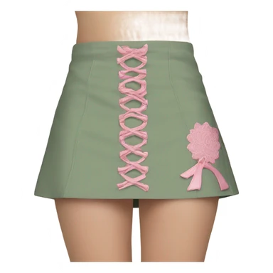Sage green a-line mini skirt with pink lace up on the sides and bows and embroidery, isolated sticker