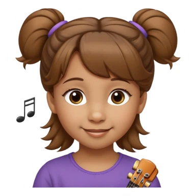 Niña de 4 años con ojos marrones claros, pelo castaño claro con dos moños altos y pelitos sueltos a modo de flequillo, nariz chata y risueña. Con nota musical sticker