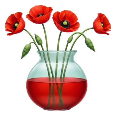 three big realistic poppy flowers in a clear vase with clear water sticker