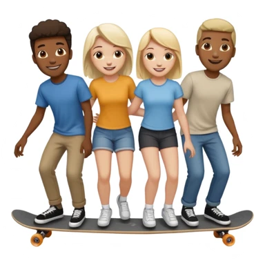 Four people (two black guys, one white guy, one white girl) on one long skateboard sticker