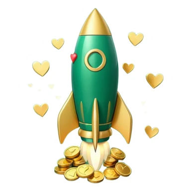 3D rocket with coins and hearts, deep green color (#0B3D2C), gold accents (#C9B037), cream highlights, glossy modern style, transparent background sticker