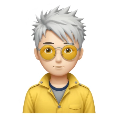 A japanese guy with white messy spiky hair circle sunglasses wearing a uniform gray and a yellow button on the top right of the uniform gray pants sticker