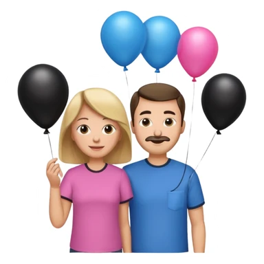 Mom in pink shirt dad in blue shirt holding black baloon happy 1 baloon sticker