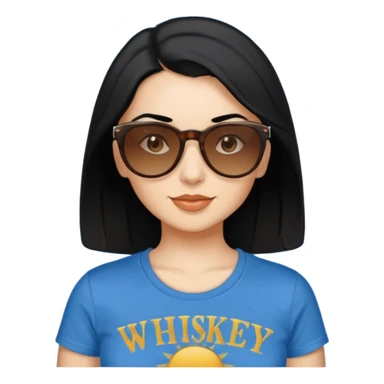 My Sexy wife with sunglasses, black hair, and awesomeness. She has some gray, she's super cute, and her sunglasses are on her head like she doesn't want to wear them. She has brown eyes and is just lovely. Her hair is longer, amd she is wearing a blur t-shirt that says "whiskey & sunshine". sticker