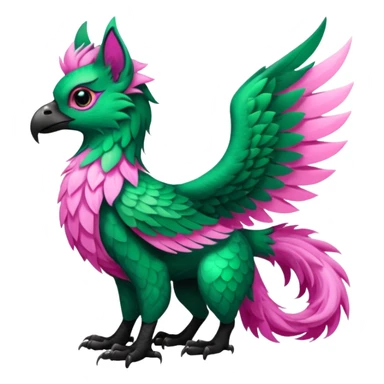 Emerald-green gryphon-Trico-fusion-hybrid with a long tufted tail, black beak, pink swirly pattern markings, black claws, black tail, majestic, realistic, furry (full body) sticker
