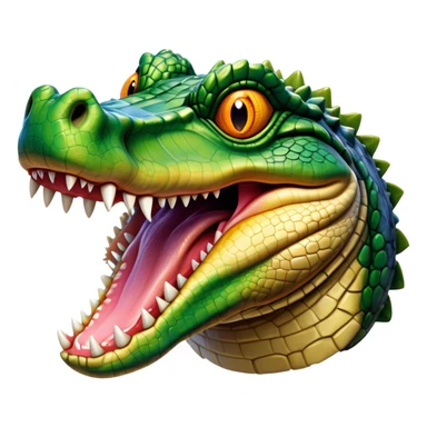 Cinematic Realistic Comical Crocodile Portrait Emoji, Head tilted dramatically with an exaggeratedly amused expression, featuring a striking, glossy scaly hide with bold textures and wide, expressive eyes full of playful disbelief, rendered with vivid natural hues and lifelike detail, high shine, dramatic yet playful, styled with an air of cheeky aquatic mischief, soft glowing outline, capturing the essence of a spirited and over‐the‐top crocodile that looks ready to snap its jaws in a burst of viral wild humor! sticker