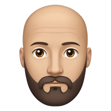 Head emoji of a bald Caucasian man with tan skin, dark almost black eyes, and a dark brown medium length beard with some grey in it. Please show one result with glasses and the other without. sticker