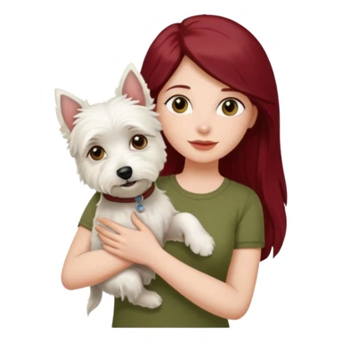 Westie white terrier dog being held by woman with dark red long hair and hazel eye wearing olive green top sticker