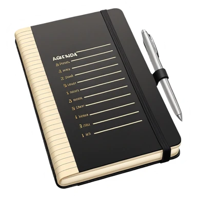 A detailed black Moleskine notebook open flat showing an agenda page with bullet points and a meeting schedule sticker