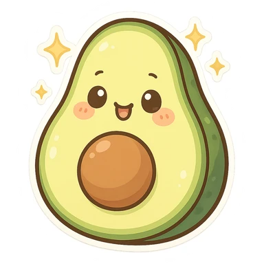 chibi sticker-style avocado with sparkles, cute and exaggerated sticker