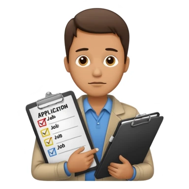 Man looking sad while holding a clipboard with a checklist that has a heading that says job application  sticker