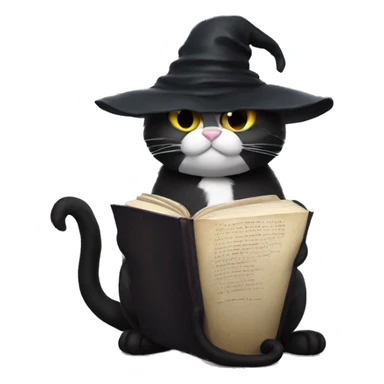 A black cat wearing a black wizard hat reading a book sticker
