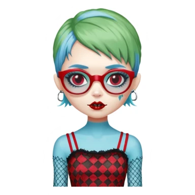 Ghoulia yelps monster high doll in scene/emo style cherry print dress with fishnet sleeves, clothes, thin, small, red, rectangle glasses, pale white-blue skin, pale-green pixie-cut, zombie scars sticker