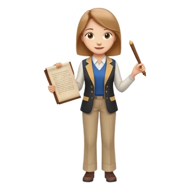 female character with light brown straight hair, academic vest and pants, smiling, standing confidently as mentor, holding scroll sticker