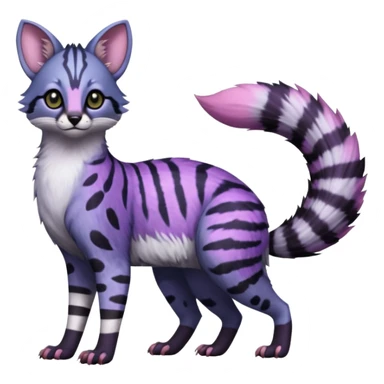 Beautiful fluffy elegant spotted dotted thick puffy hyper-realistic lifelike furry Indigo, purple, violet, pink, Civet-Genet-Possum-Serval-Caracal-Sergal-Trico-Numbat-Furret-fusion-Fakemon-hybrid-creature (full body) with long tufted ears and a striped tufted tail  sticker