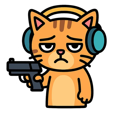 tired sad cat holding a gun, wearing headphones, colored icon sticker
