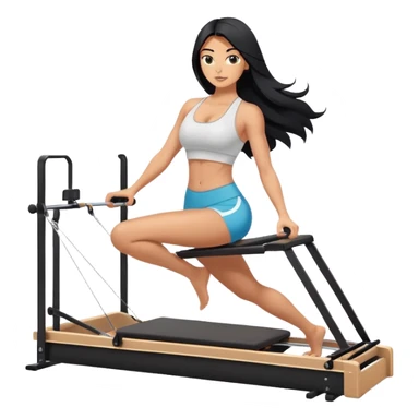 woman with tanned skin, long black hair, wearing a sports bra, doing exercise on a Pilates reformer machine sticker