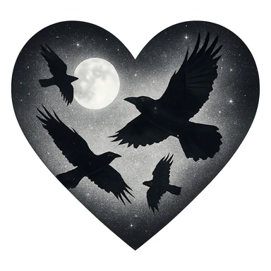  heart with white night sky and dark ravens, remove background sticker