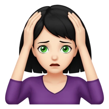 A realistic waist-up portrait of a frightened woman with her hands on her head, black hair and green eyes sticker