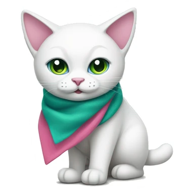 a full-length white cat with wide eyes (one is blue, the other is green), with a pink triangular scarf around her neck sticker