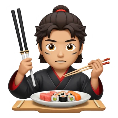 Man with wide eyes eating sushi in a samurai outfit wide eyes sticker