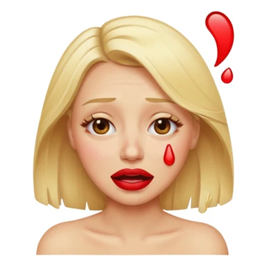 blonde having crying emoji tears from hard laughter. really happy in general, happy eyes. red lipstick sticker