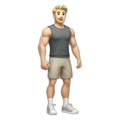 Full height Actively gesturing with hands Pale skinned Fit Man With the biceps and light brown hair with Bristle in dark gray Sleeveless Mike, beige oversize sports shorts and white Sneakers sticker
