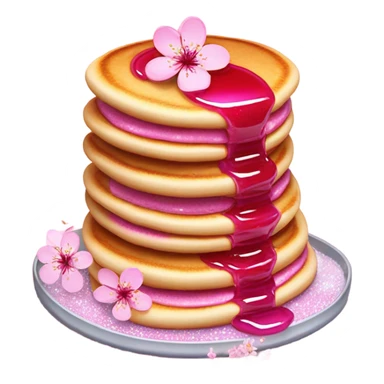 Stack of light pink pancakes with hot pink syrup and glitter and garnished with cherry blossoms sticker