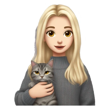 Blond chin lenght hair girl with a curtain bangs and middle part in a HEX code #cde3fd coloured sweater holding a dark grey tabby cat with white paws and face sticker