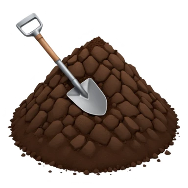 A 3D cartoon pile of dark brown soil with a small shovel inserted, rough texture, natural lighting, soft shadow, realistic Memoji-style rendering. sticker