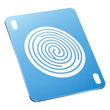 Minimalist blue Telegram channel icon of a card back. The card is face down, slightly tilted. A single, elegant fingerprint spiral is centered on the card back, symbolizing identity and unique associations. Monochromatic blue and white. Clean, flat design. sticker