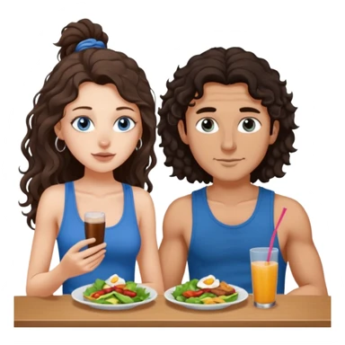 white girl, dark brown long slightly curly hair , skinni but with big breast , septum piercing on nose, beautiful dark gray-blue eyes, having luch with her bf  sticker