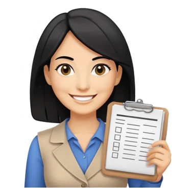 A smiling female middle-aged warehouse manager with black eyes and shoulder length black hair, holding an inventory list，without background sticker