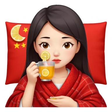 cute and sexy chinese girl, feeling sick up, nose and cheecks red by blush, covered by blanket, drinking tea with lemon sticker