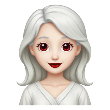 vull un perosnatge estil bimoji que sigui com una nimfa bella i fantasmal amb túniques blanques. Té la pell literalments blanca com el guix, cabell platejat, un nas llarg, ulls negres grans i llavis carmesí. que estigui somrient sense arrecades  sticker