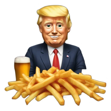 Poutine bois une bière avec Trump sticker
