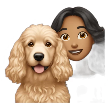Girl with long black hair and light skin holding red goldendoodle sticker